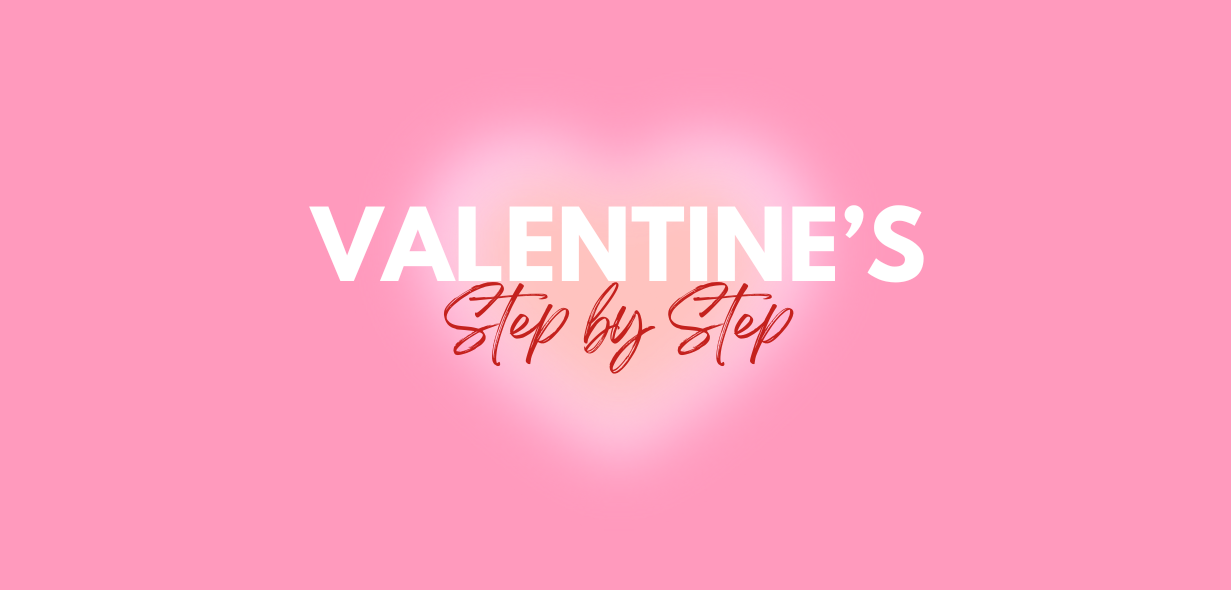Pink background with 'Valentine's Step by Step' nail design guide image