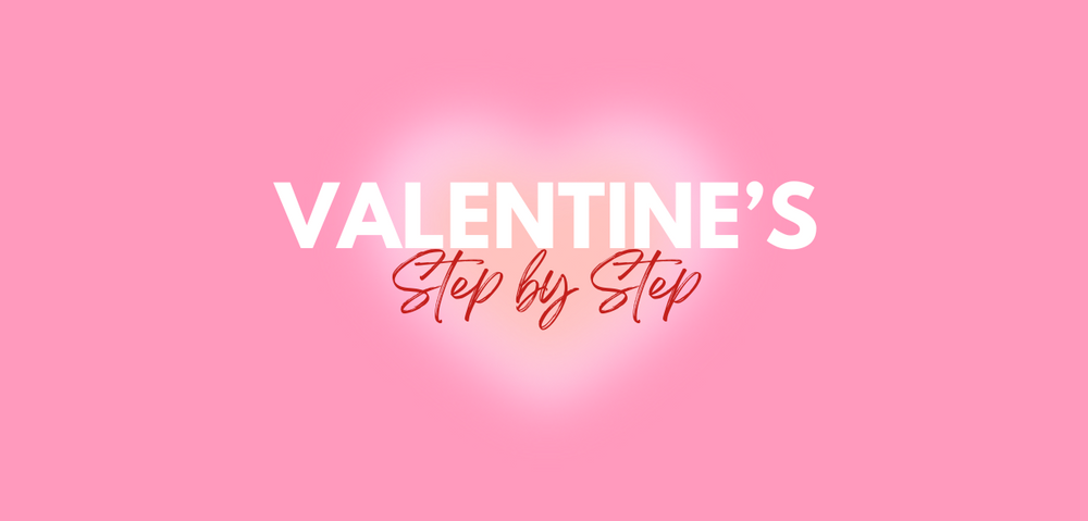 Pink background with 'Valentine's Step by Step' nail design guide image
