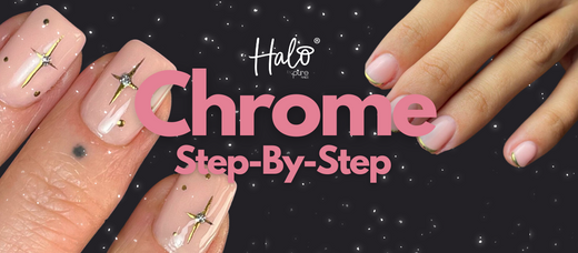 Pink and gold star nail design on black background