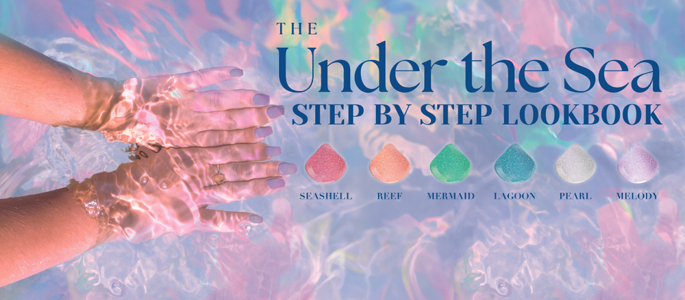 Image of two hands under colorful water displaying Under the Sea themed nails to support halo hema free article