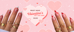 Featured image for Pure Nail's Valentines nails blog post that displays two hands with different colours and art on their nails, and a heart with the blog title in the middle.
