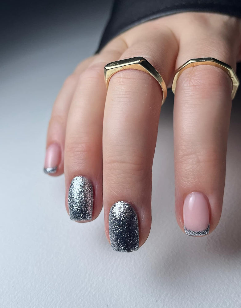 Silver and glitter French tip nail art using the Halo gel polish shade 'Platinum' 