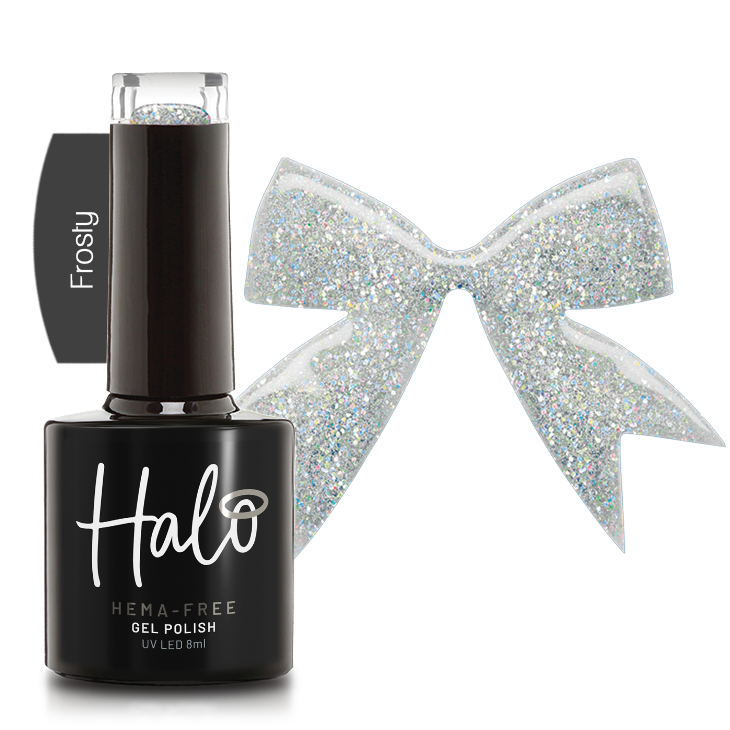 Product image and bow-shaped colour swatch of Pure Nails' HEMA-Free glitter gel polish in shade 'Frosty'