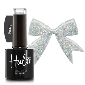 Product image and bow-shaped colour swatch of Pure Nails' HEMA-Free glitter gel polish in shade 'Frosty'
