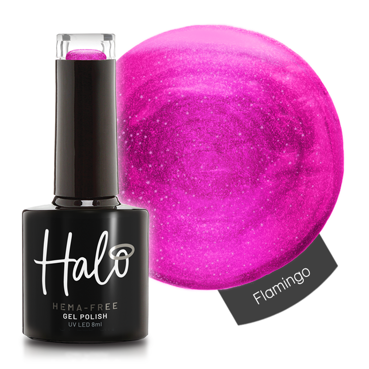 Glittery pink product image of Pure Nails' Halo HEMA-Free gel polish in shade 'Flamingo' 