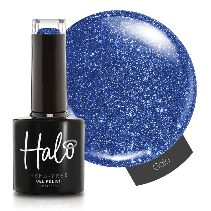 Product image and colour swatch of the Pure Nails' HEMA-Free glitter gel polish shade 'Gala'