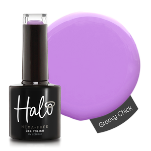 Product image and colour swatch of Pure Nails' Halo HEMA-Free gel polish in shade 'Groovy Chick'